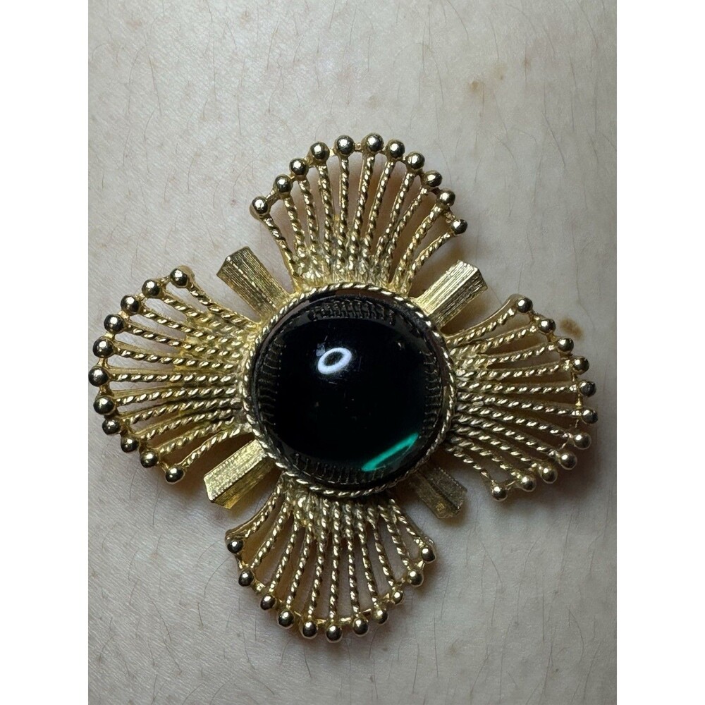 Vintage JJ Jonette 1986 Gold Tone Black Cabochon Sunburst Brooch 2”